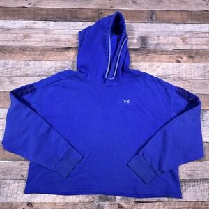 Under Armour Womens XL Blue Loose Fit Cropped Hoodie Logo Tape Sleeve Fleece